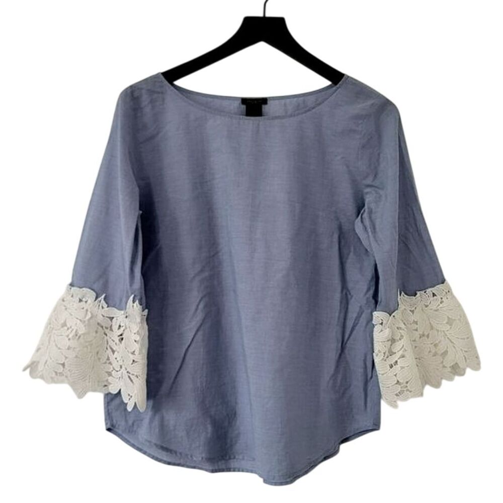 Boho Bell Sleeve Top‎ S Blue Eyelet Cotton 3/4 Sleeve Cottage Prairie Ann Taylor